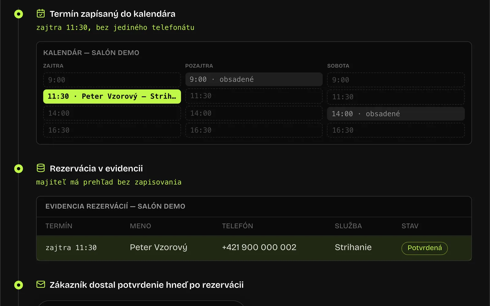 Screenshot z dema: rezervácia zapísaná v kalendári salóna a v evidencii so stavom Potvrdená